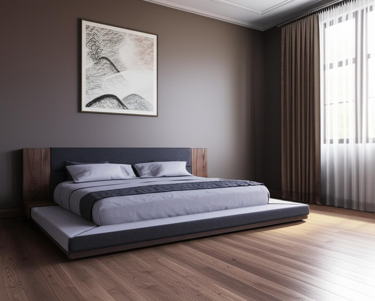 Gray & Walnut Wood & Upholstery Queen Bed w/ Attached Nightstands