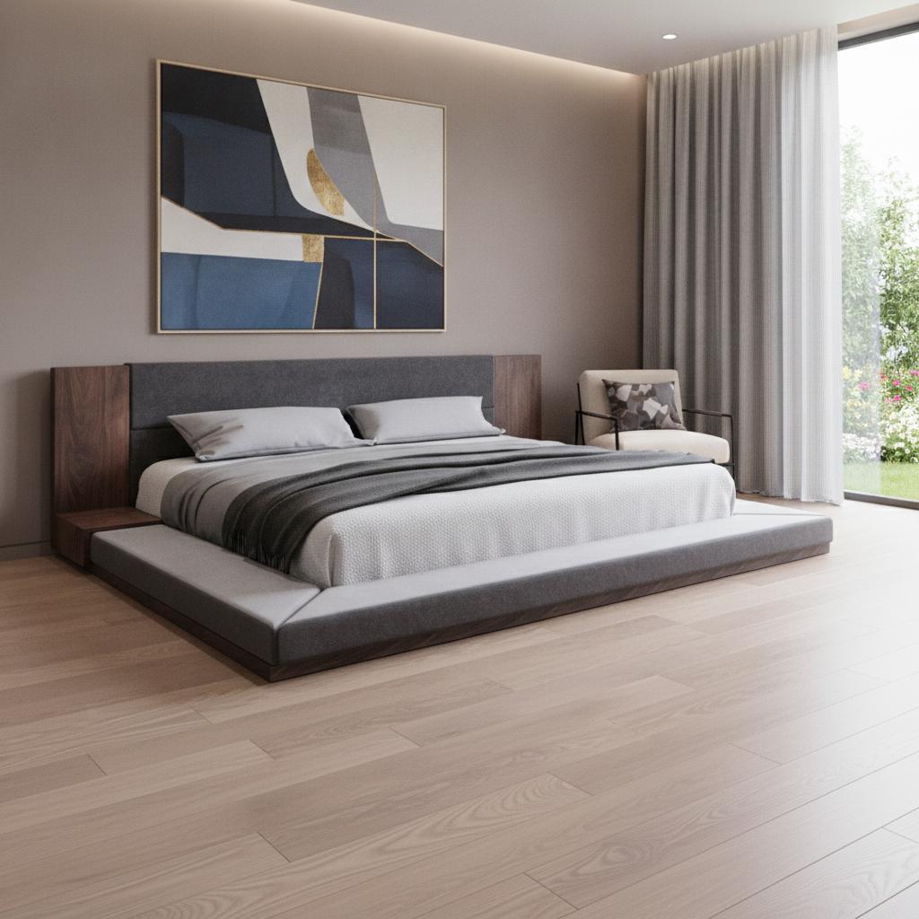 Brown & Gray Wood Upholstered King Bed