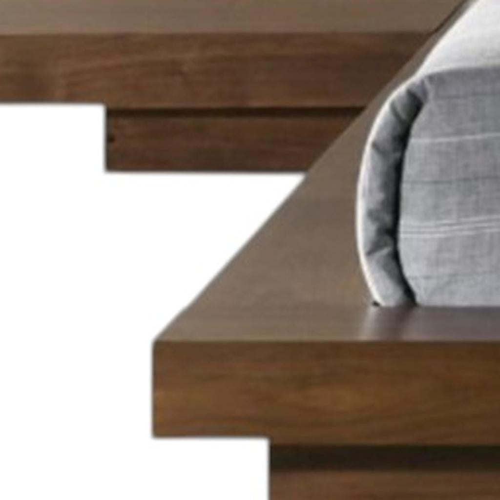 Walnut & White Wood & Faux Leather Queen Bed w/ Attached Nightstands