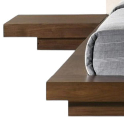 Walnut & White Wood & Faux Leather Queen Bed w/ Attached Nightstands
