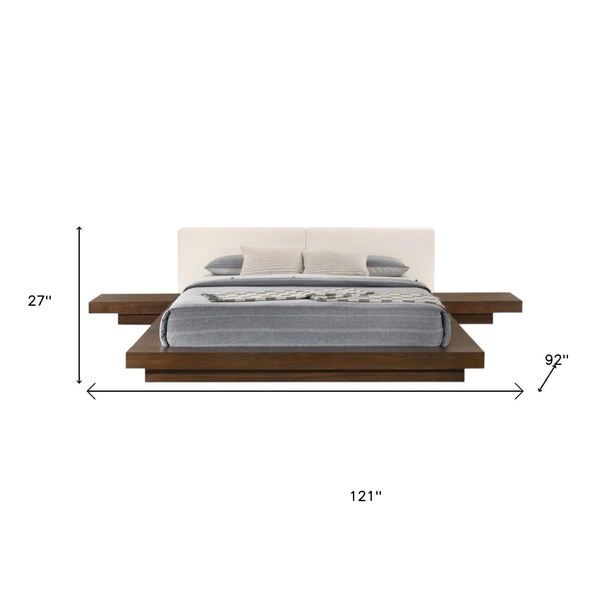 Walnut & White Wood & Faux Leather Queen Bed w/ Attached Nightstands