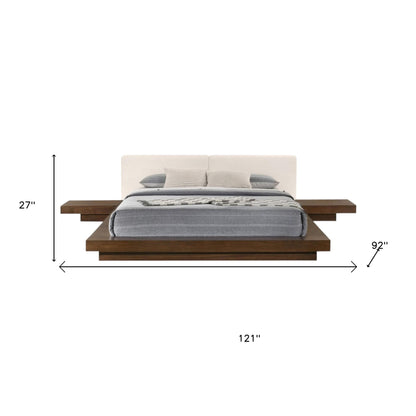Walnut & White Wood & Faux Leather Queen Bed w/ Attached Nightstands