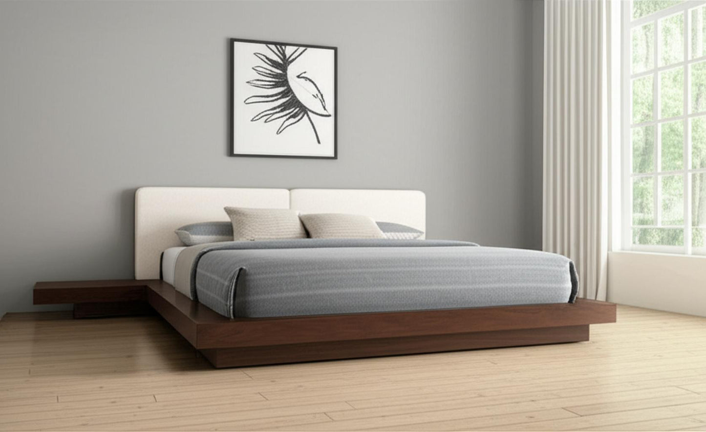 Walnut & White Wood & Faux Leather Queen Bed w/ Attached Nightstands