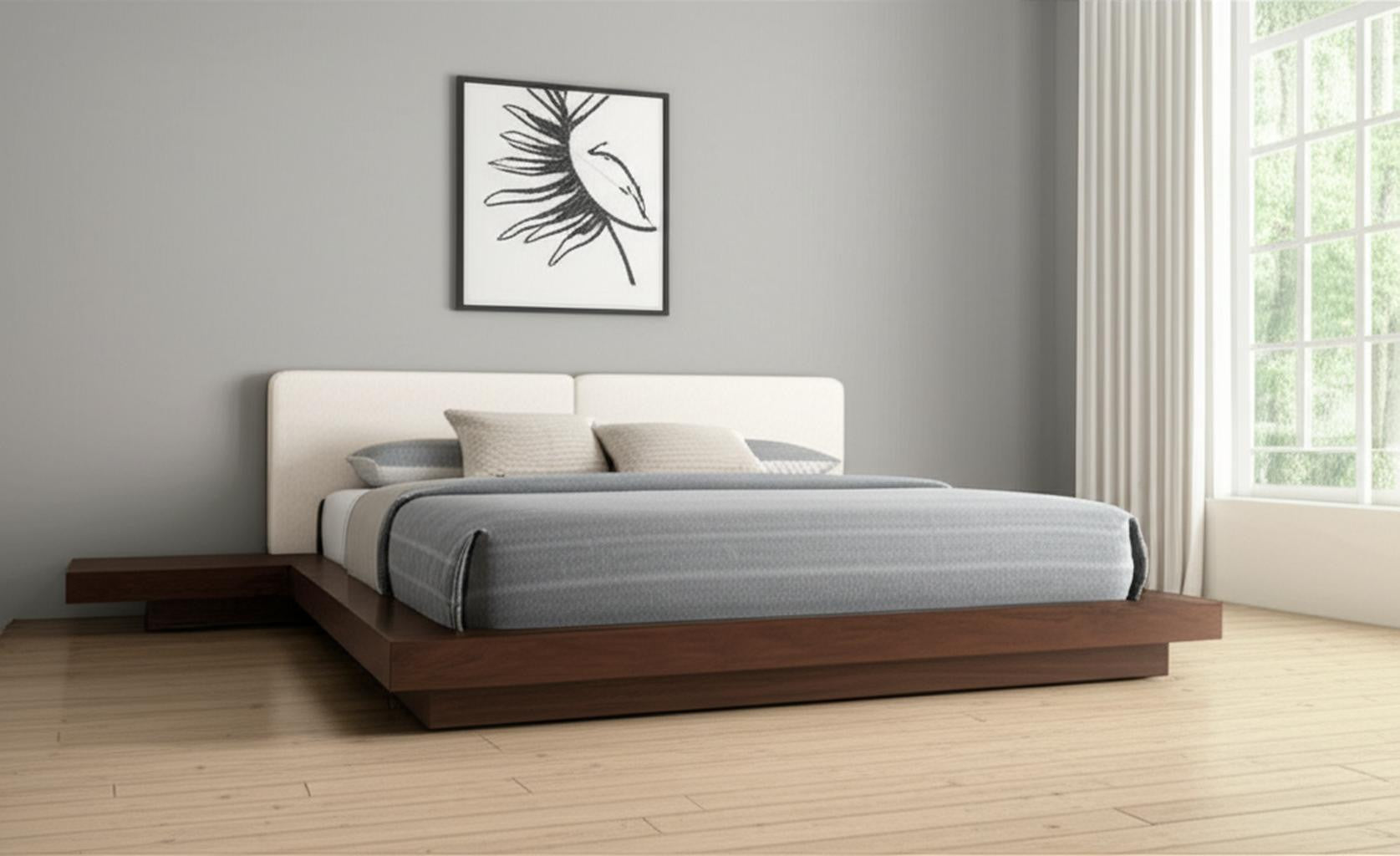 Walnut & White Wood & Faux Leather Queen Bed w/ Attached Nightstands