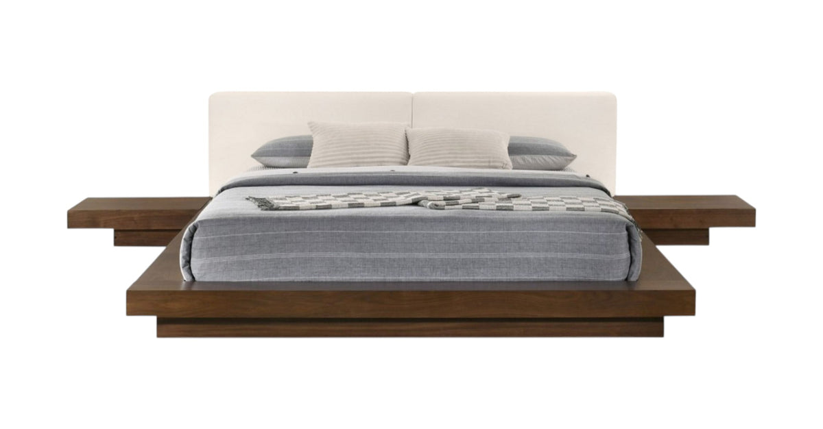 Walnut & White Wood & Faux Leather Queen Bed w/ Attached Nightstands
