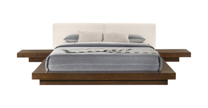 Walnut & White Wood & Faux Leather Queen Bed w/ Attached Nightstands