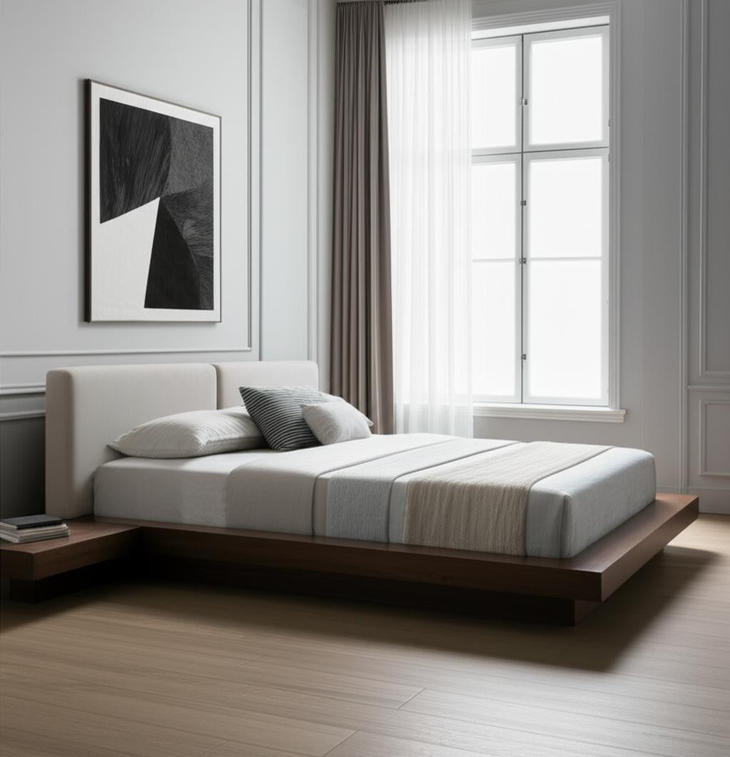 Gray & Walnut Wood & Faux Leather Queen Bed w/ Attached Nightstands