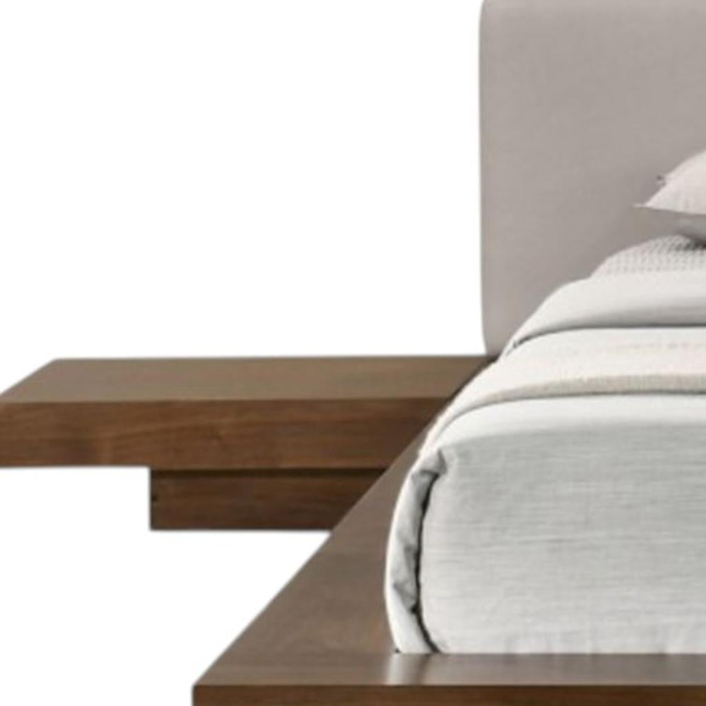 Gray & Walnut Wood & Faux Leather Queen Bed w/ Attached Nightstands