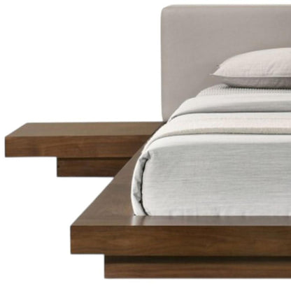 Gray & Walnut Wood & Faux Leather Queen Bed w/ Attached Nightstands