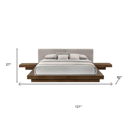 Gray & Walnut Wood & Faux Leather Queen Bed w/ Attached Nightstands