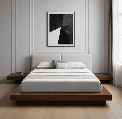 Gray & Walnut Wood & Faux Leather Queen Bed w/ Attached Nightstands