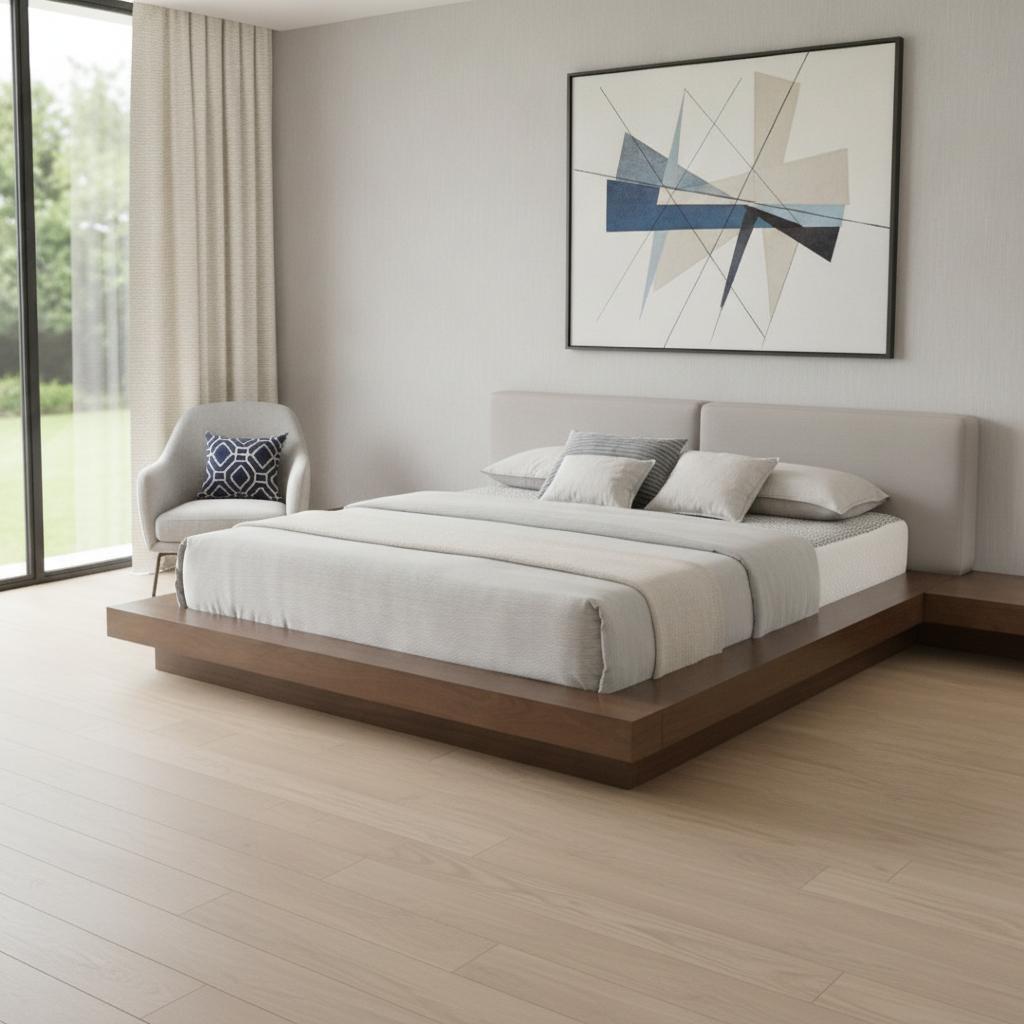 Gray & Walnut Wood & Faux Leather Queen Bed w/ Attached Nightstands