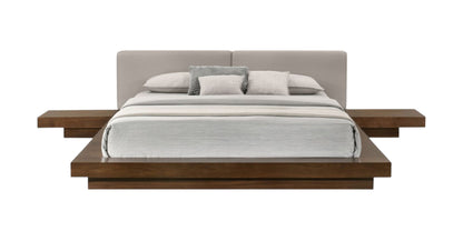 Gray & Walnut Wood & Faux Leather Queen Bed w/ Attached Nightstands