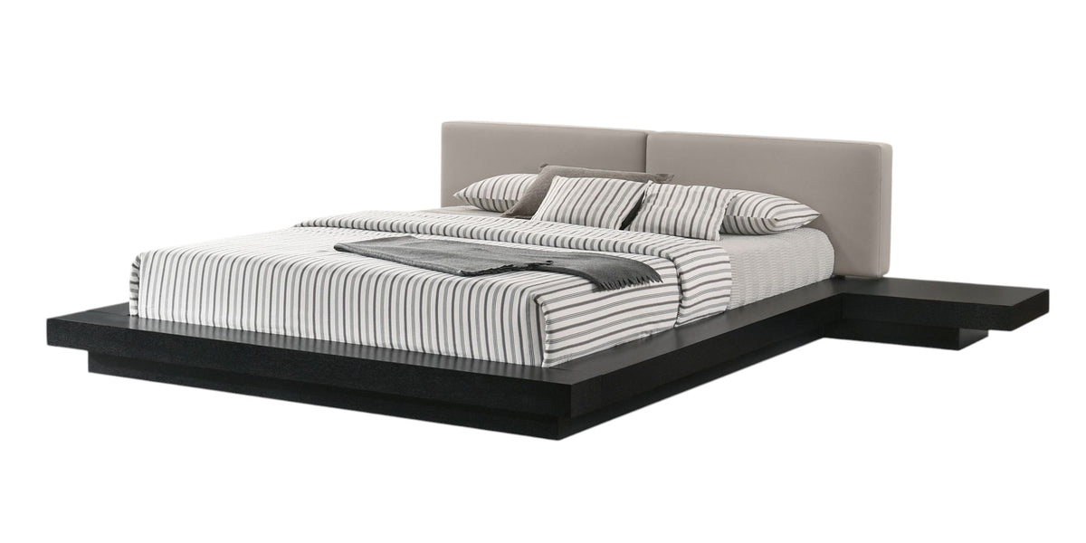 Black & Gray Wood & Faux Leather Queen Bed w/ Attached Nightstands