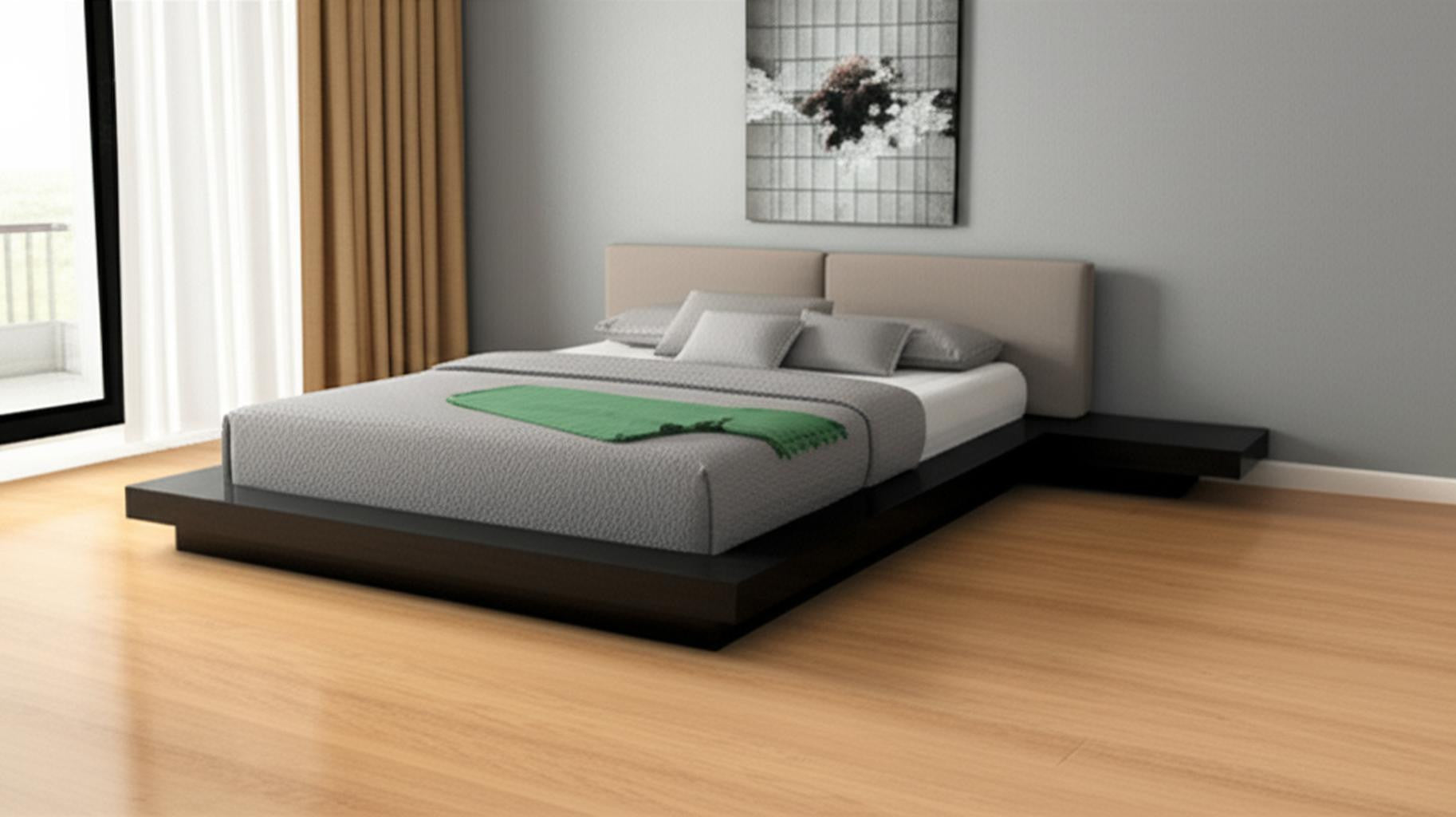 Black & Gray Wood & Faux Leather Queen Bed w/ Attached Nightstands