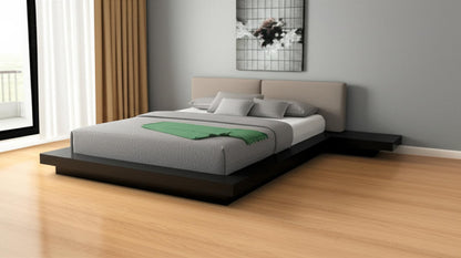 Black & Gray Wood & Faux Leather Queen Bed w/ Attached Nightstands