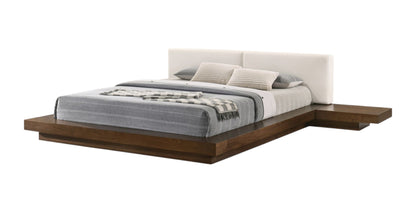 Walnut & White Wood & Faux Leather King Bed w/ Attached Nightstands