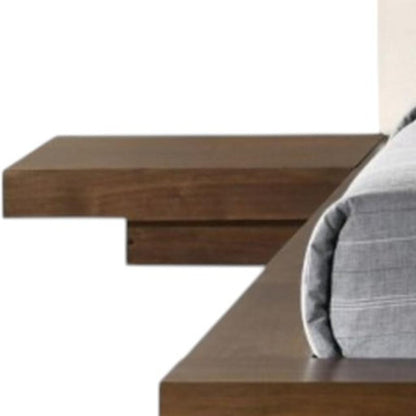 Walnut & White Wood & Faux Leather King Bed w/ Attached Nightstands