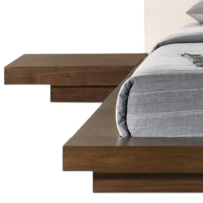 Walnut & White Wood & Faux Leather King Bed w/ Attached Nightstands