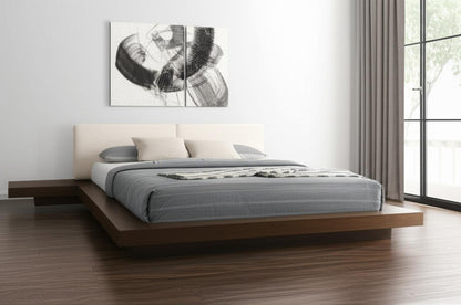 Walnut & White Wood & Faux Leather King Bed w/ Attached Nightstands