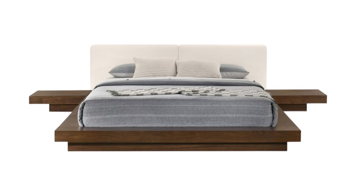 Walnut & White Wood & Faux Leather King Bed w/ Attached Nightstands