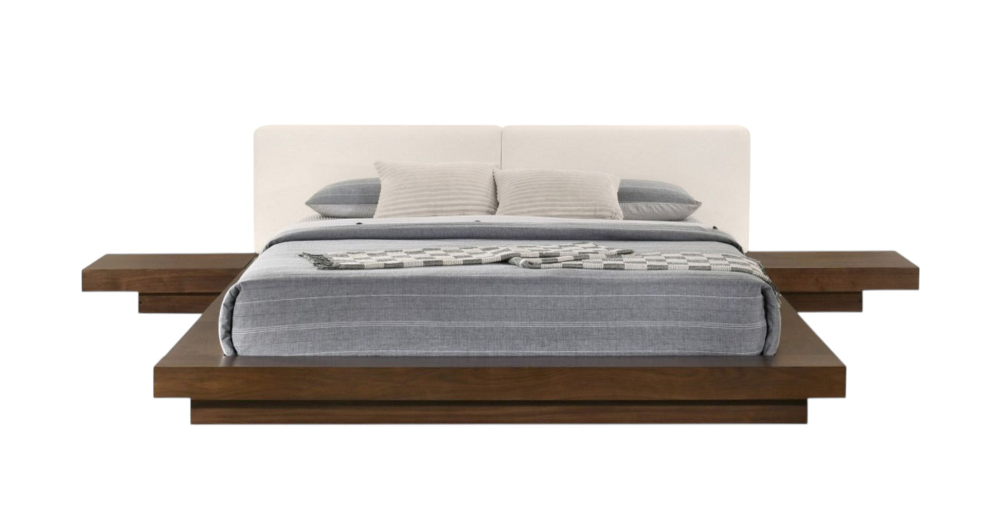 Walnut & White Wood & Faux Leather King Bed w/ Attached Nightstands