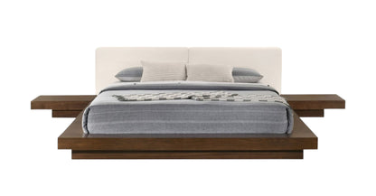 Walnut & White Wood & Faux Leather King Bed w/ Attached Nightstands