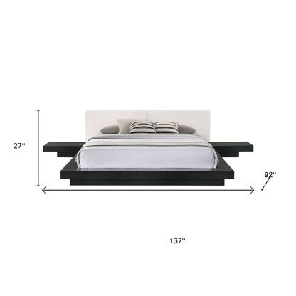 Black & White Wood & Faux Leather King Bed w/ Attached Nightstands