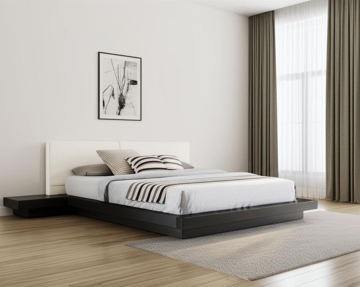 Black & White Wood & Faux Leather King Bed w/ Attached Nightstands