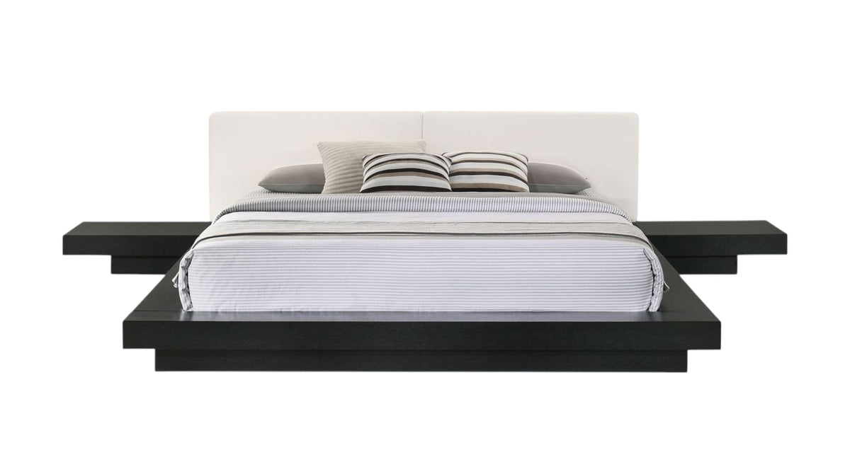 Black & White Wood & Faux Leather King Bed w/ Attached Nightstands
