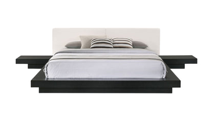Black & White Wood & Faux Leather King Bed w/ Attached Nightstands