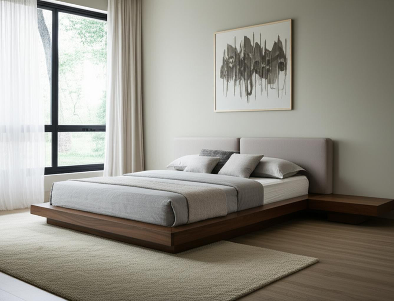 Gray & Walnut Wood & Faux Leather King Bed w/ Attached Nightstands