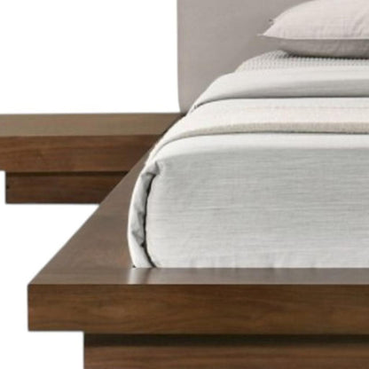 Gray & Walnut Wood & Faux Leather King Bed w/ Attached Nightstands