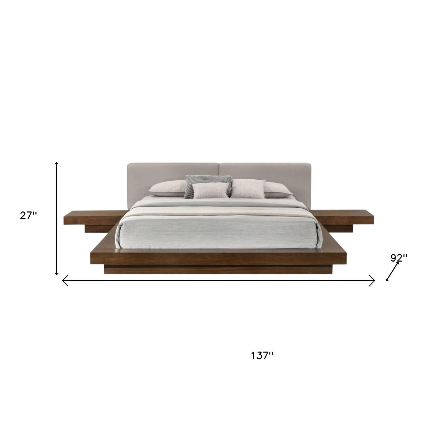 Gray & Walnut Wood & Faux Leather King Bed w/ Attached Nightstands
