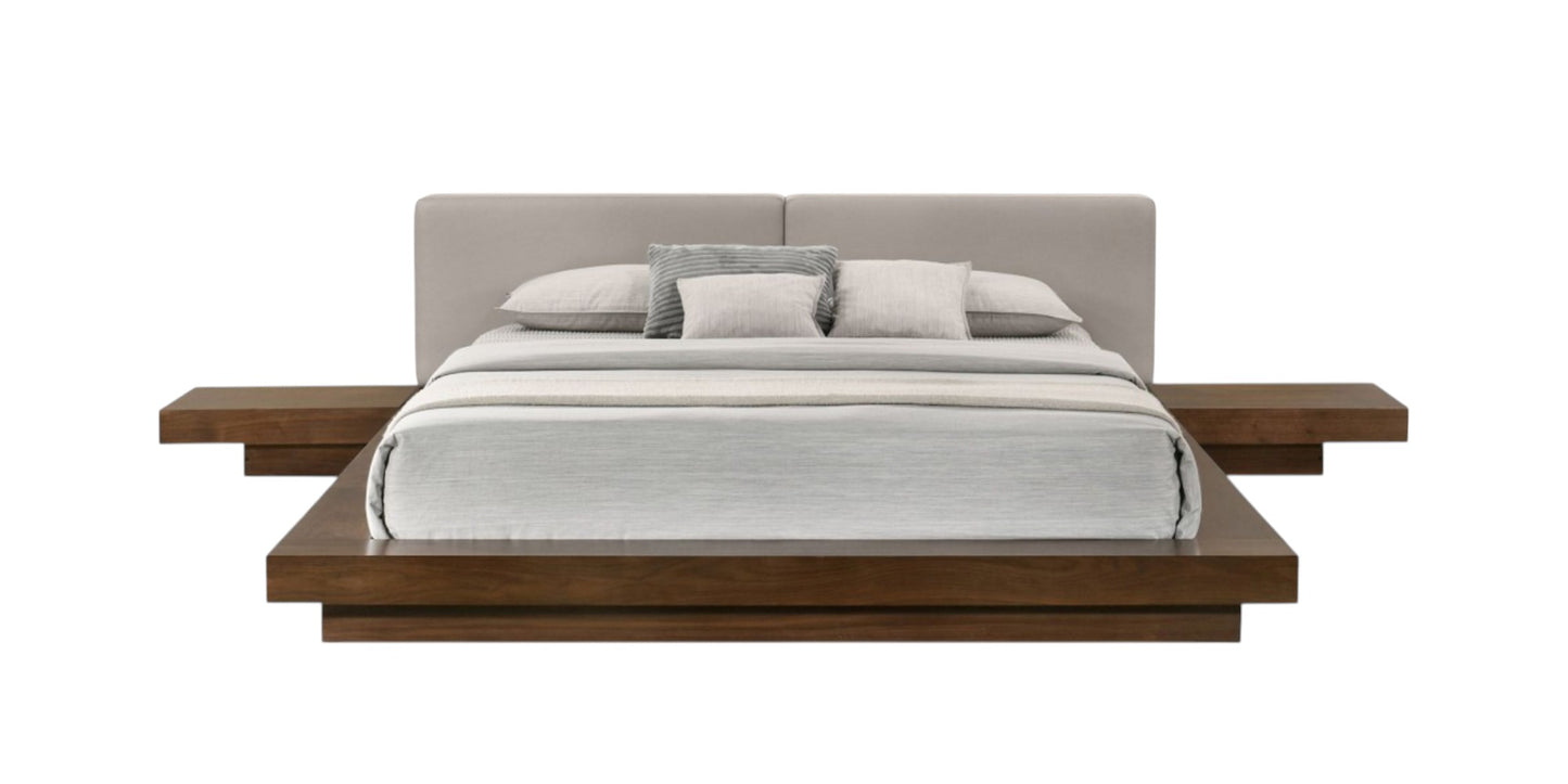 Gray & Walnut Wood & Faux Leather King Bed w/ Attached Nightstands