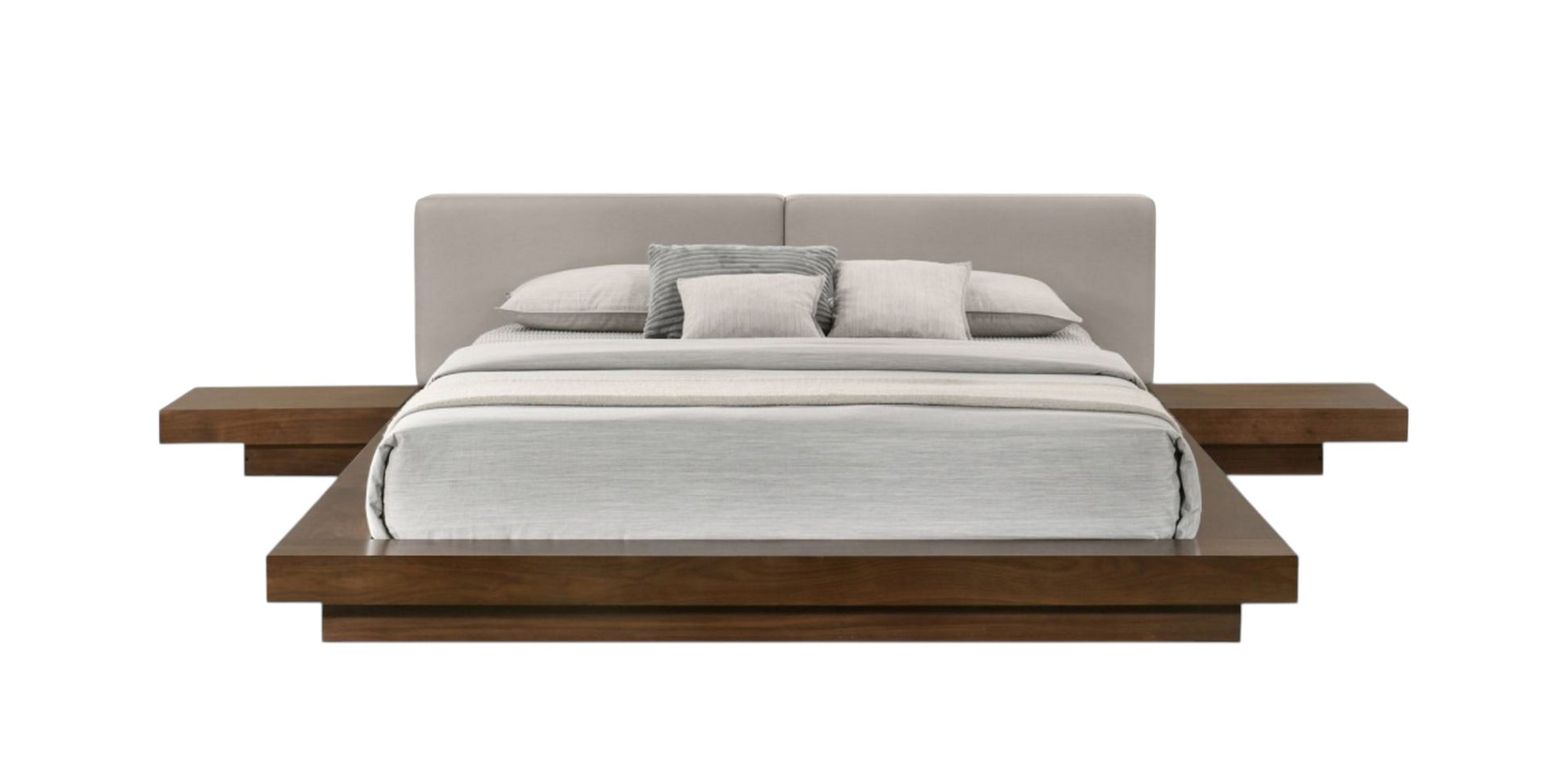 Gray & Walnut Wood & Faux Leather King Bed w/ Attached Nightstands