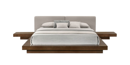 Gray & Walnut Wood & Faux Leather King Bed w/ Attached Nightstands