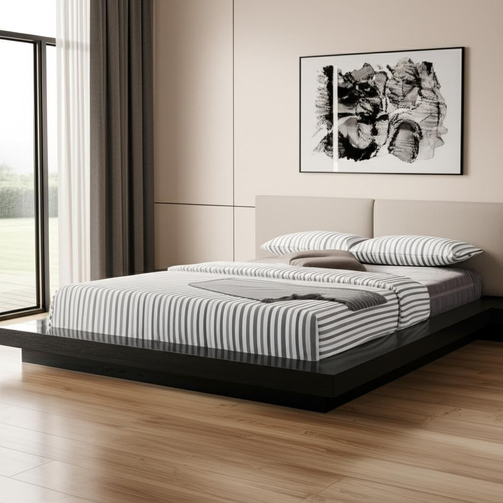 Black & Gray Wood & Faux Leather King Bed w/ Attached Nightstands