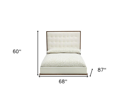 Brown and White Wood & Tufted Faux Leather Queen Bed Frame