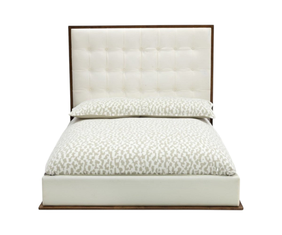 Brown and White Wood & Tufted Faux Leather Queen Bed Frame