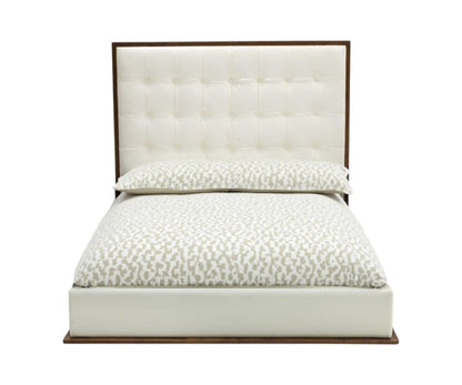 Brown and White Wood & Tufted Faux Leather Queen Bed Frame