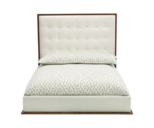 Brown and White Wood & Tufted Faux Leather Queen Bed Frame