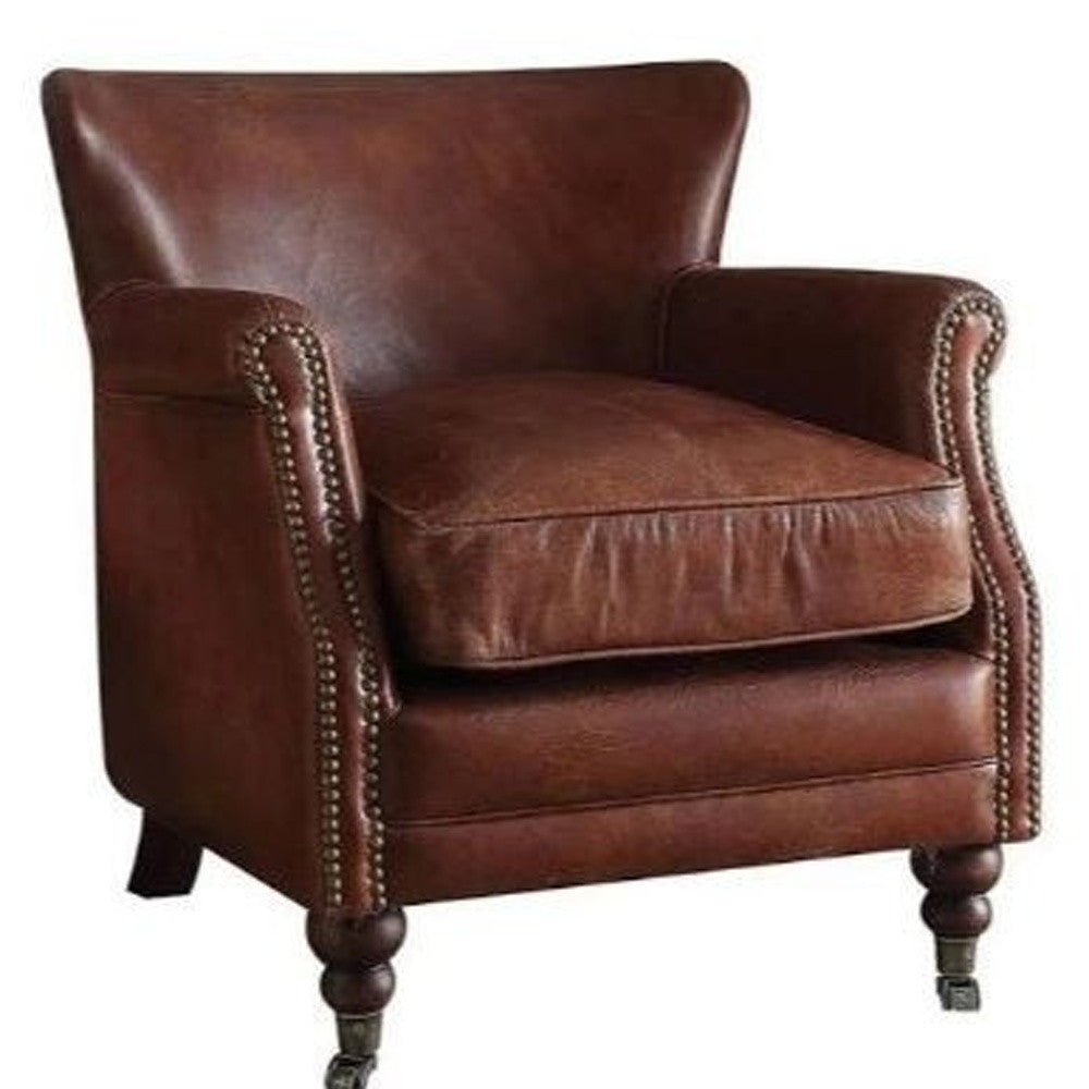Dark Brown Top Grain Leather Wingback Chair
