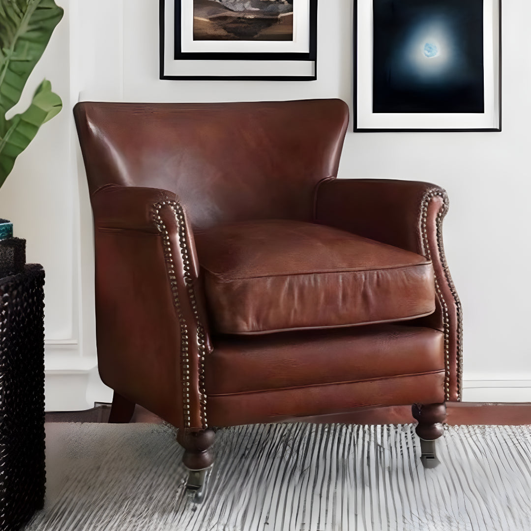 Dark Brown Top Grain Leather Wingback Chair