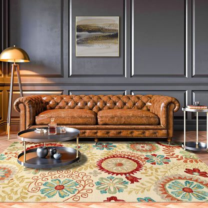 8 x 10 Cream Wool Medallion Tufted Handmade Stain Resistant Rug