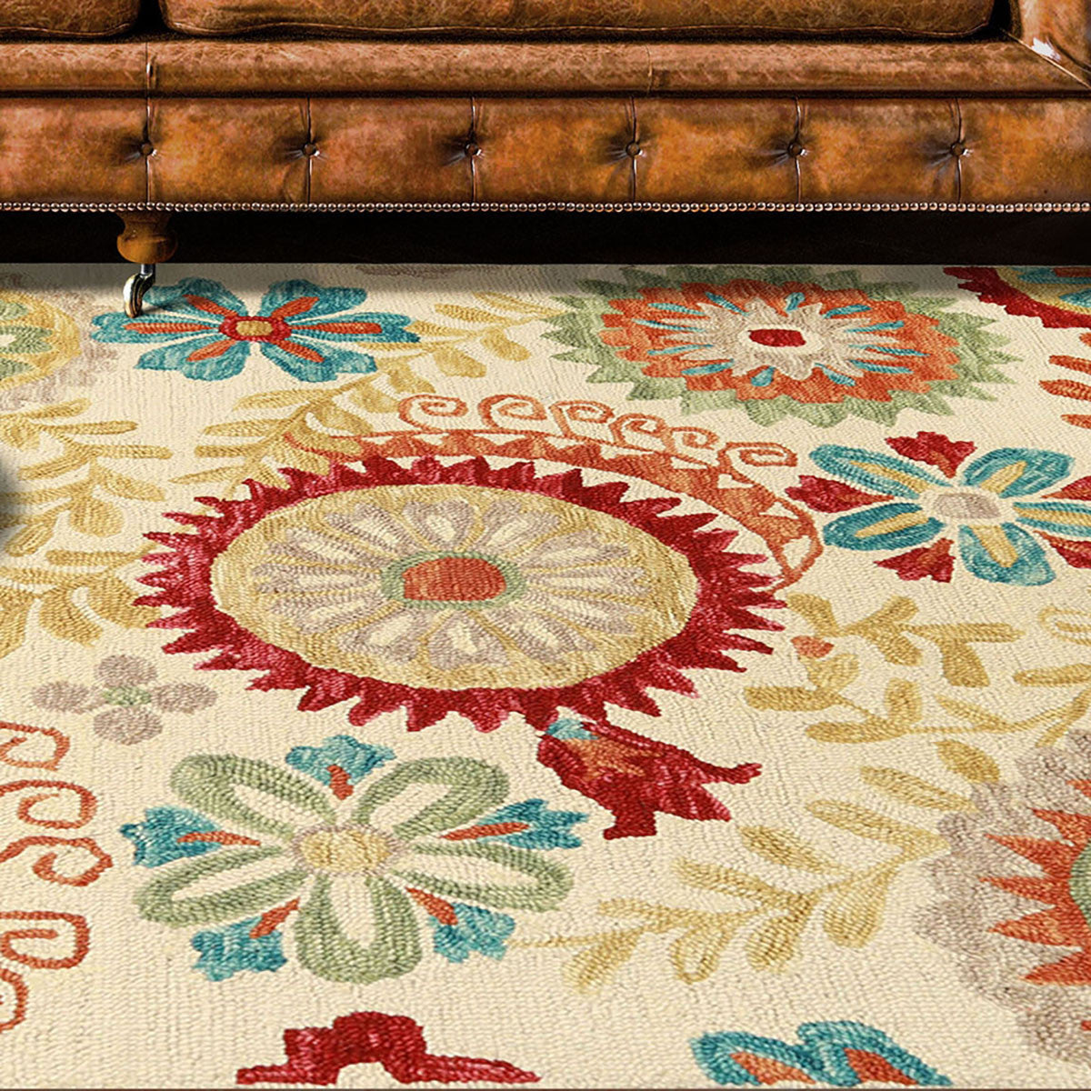 8 x 10 Cream Wool Medallion Tufted Handmade Stain Resistant Rug
