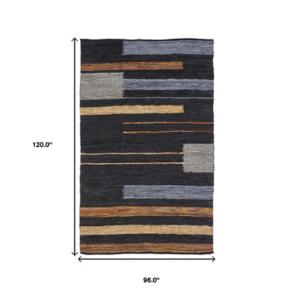 8 x 10 Navy Blue Striped Hand Woven Stain Resistant Rug