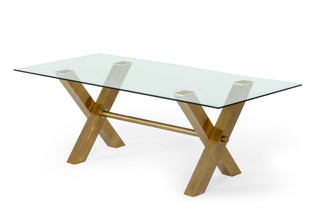 Clear And Gold Glass And Stainless Steel Sled Base Dining Table