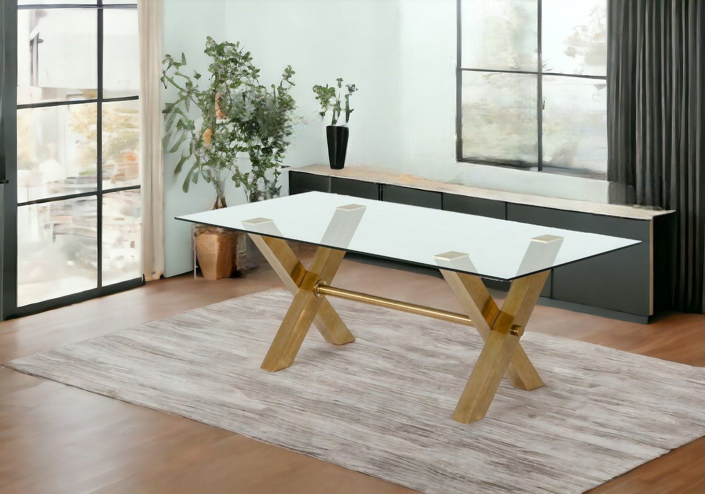 Clear And Gold Glass And Stainless Steel Sled Base Dining Table