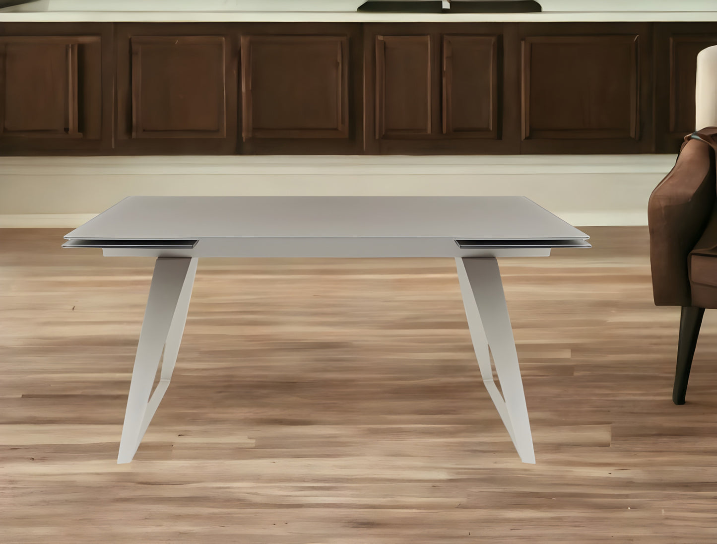 Gray Glass And Metal Self-Storing Leaf Sled Base Dining Table